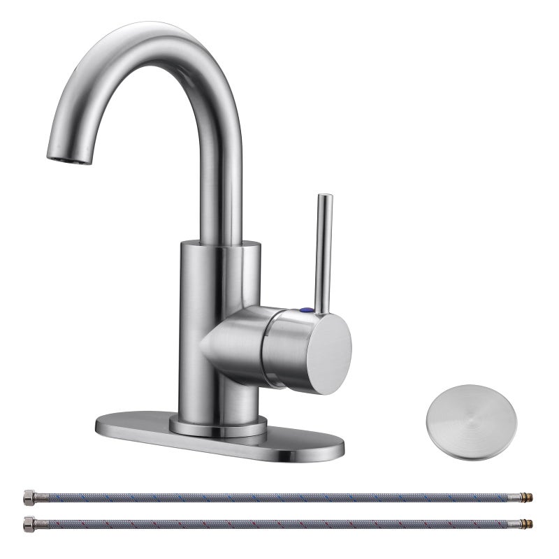 RKF Single-Handle Swivel Spout Bathroom Sink Faucet with Pop-up Drain with Overflow and Supply Hose,Bar Sink Faucet,Small Kitchen Faucet Tap,Brushed Nickel,BF3501P-BN - Image 1